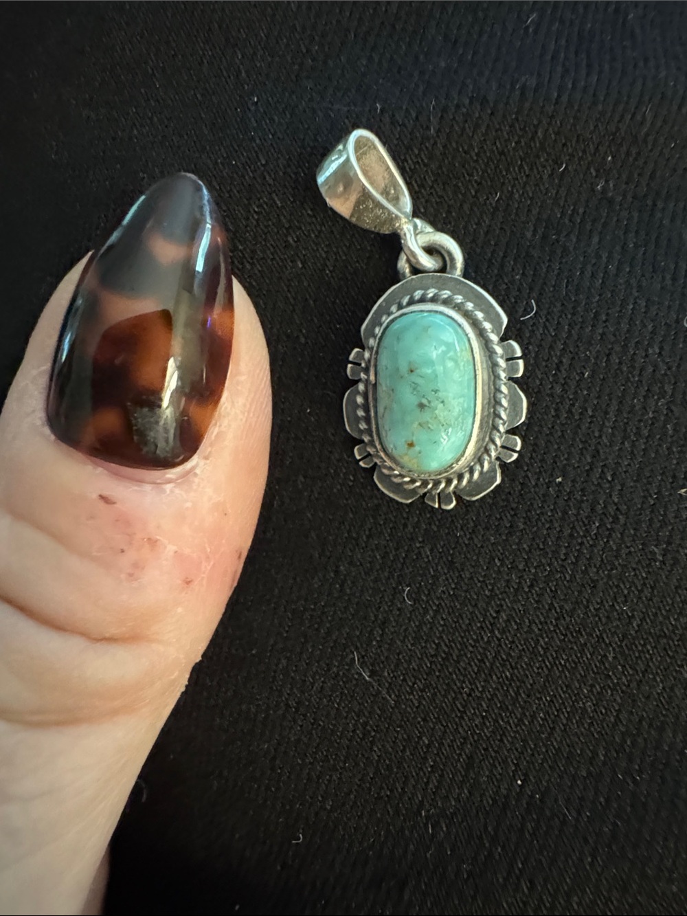 Sterling Silver Native made and signed Navaho Turquoise Oval Pendant Blue Green